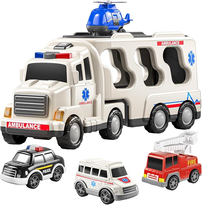 5 Pack Ambulance Vehicle Toddler Truck Toys for 3 4 5 6 Year Old Boys, Friction Powered Cars with Toy Helicopter, Police Car, Fire Truck, Ambulance Car, Birthday Gifts for Girls Age 3-9-uFunSpace
