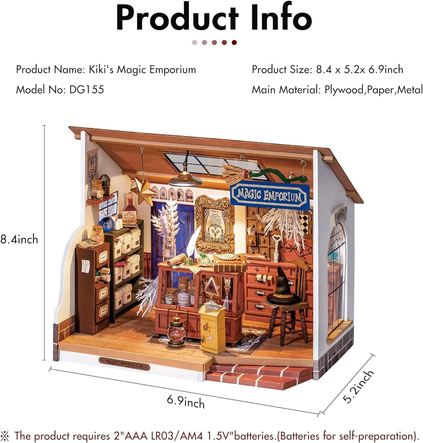 Product dimensions and size chart for Rolife DG155 Kiki's Magic Emporium DIY miniature house kit (8.4 x 6.9 inches).-uFunSpace