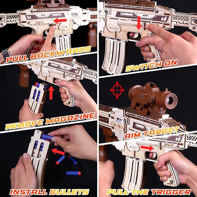 Wooden Gun Puzzles, 3D Wooden Puzzles Gun for Adult with Foam Soft Bullet, Electric Wooden M416 Model Rifle Puzzle Toy Guns, Wood Puzzles DIY Building Kits for Adult Christmas Birthday Gift-uFunSpace