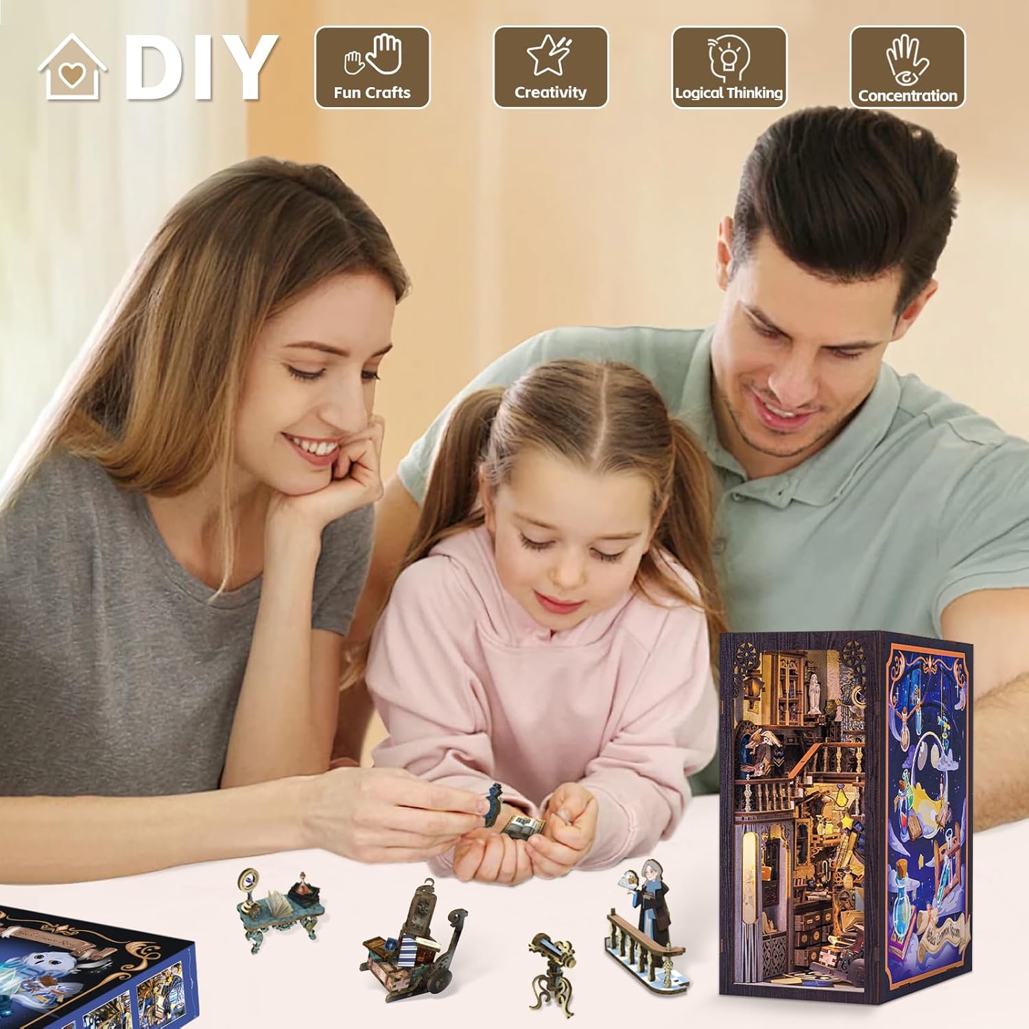 Book Nook Kit, DIY Dollhouse Miniature House Booknook for Adults and Teens, Bookshelf Insert Decor, Bookends Model Build-Creativity Gift Kit for Friends and Family (Nebula Common Room)-uFunSpace