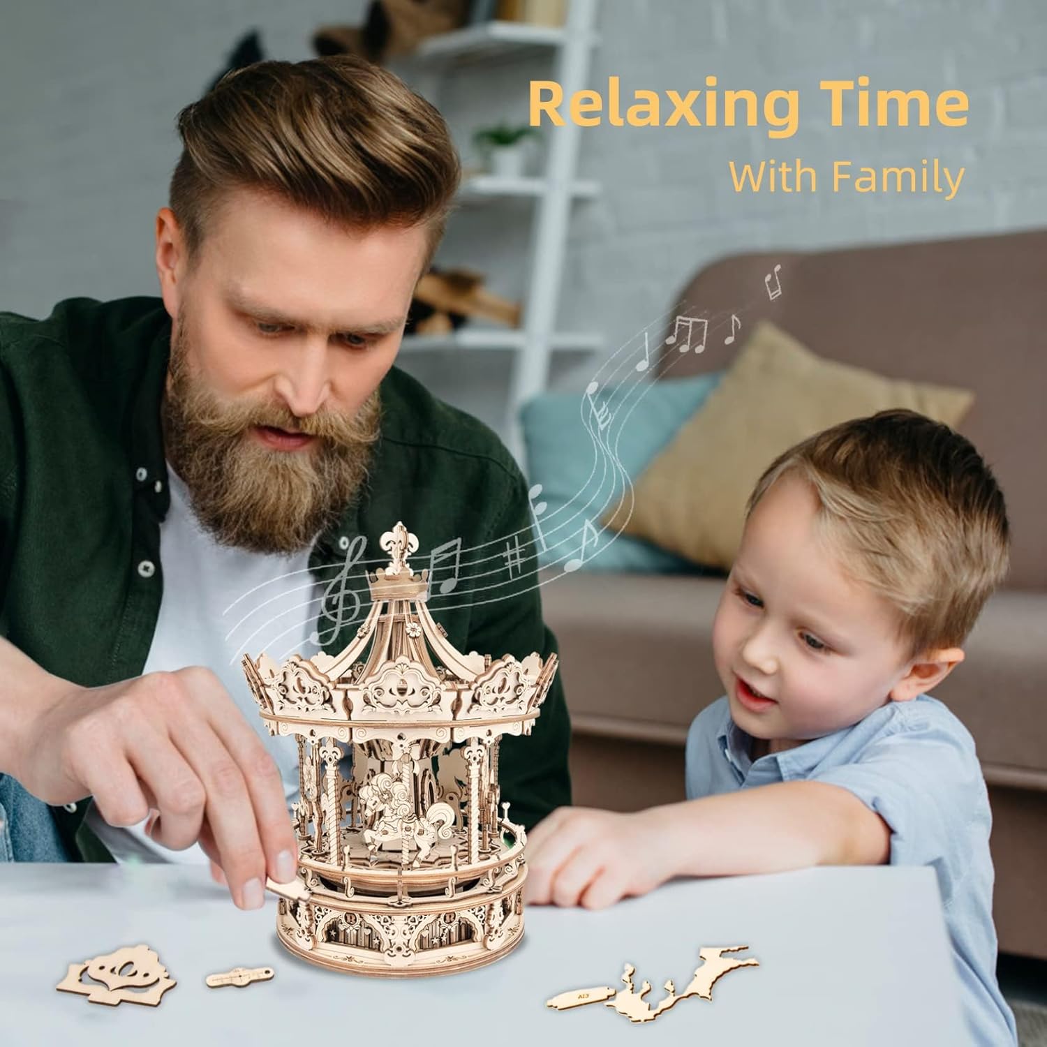 3D Wooden Puzzles Music Box - DIY Model Building Kit Mechanical Merry-go-Round Exquisite Display Gifts for Teens Man/Woman Family-uFunSpace