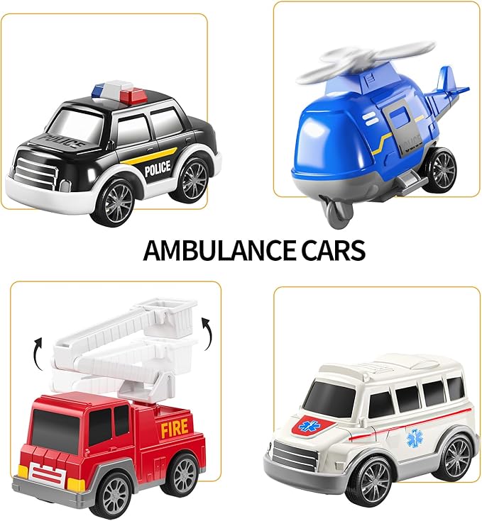 5 Pack Ambulance Vehicle Toddler Truck Toys for 3 4 5 6 Year Old Boys, Friction Powered Cars with Toy Helicopter, Police Car, Fire Truck, Ambulance Car, Birthday Gifts for Girls Age 3-9-uFunSpace