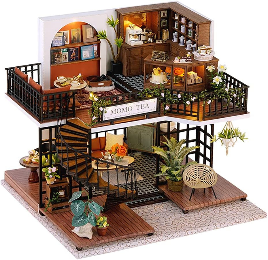 Dollhouse Miniature with Furniture, DIY Wooden Dollhouse Kit Plus Dust Proof, Creative Room Idea(Forest Tea Shop)-uFunSpace