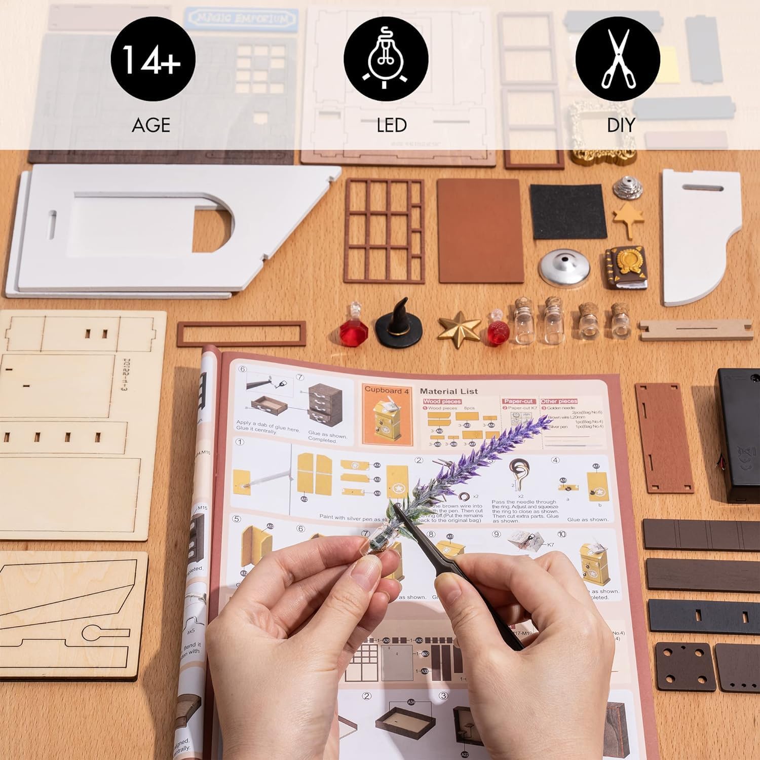 Rolife DIY dollhouse kit contents showing plywood parts, LED components, tools, and hands assembling miniature plants with tweezers.-uFunSpace