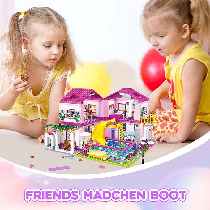 Pink Girls Summer Villa Friends Building Set Compatible with Lego Friends Construction Educational Toy for Kids Age 8-12 and Up 1018 PCS-uFunSpace