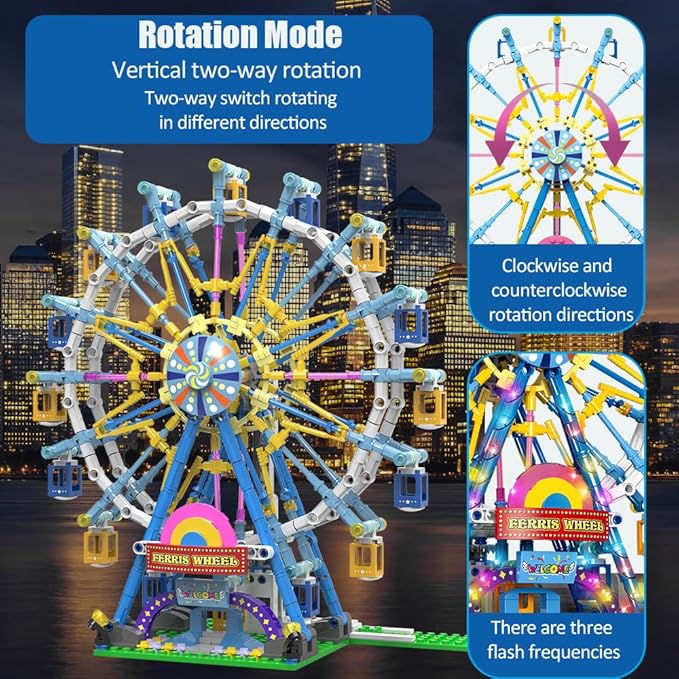 Upgrade Rotating Ferris Wheel Building Blocks Set Toys for Kids with Light Carnival Amusement Park Construction Kits Birthday Halloween for Boys Girls(813pcs)-uFunSpace