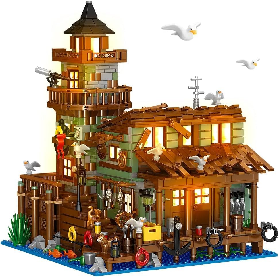Fishing Village Store House Building Set with LED Light, 1845PCS Wood Cabin Mini Building Block Architecture Kit for Adults Boys Girls Ages 8+-uFunSpace