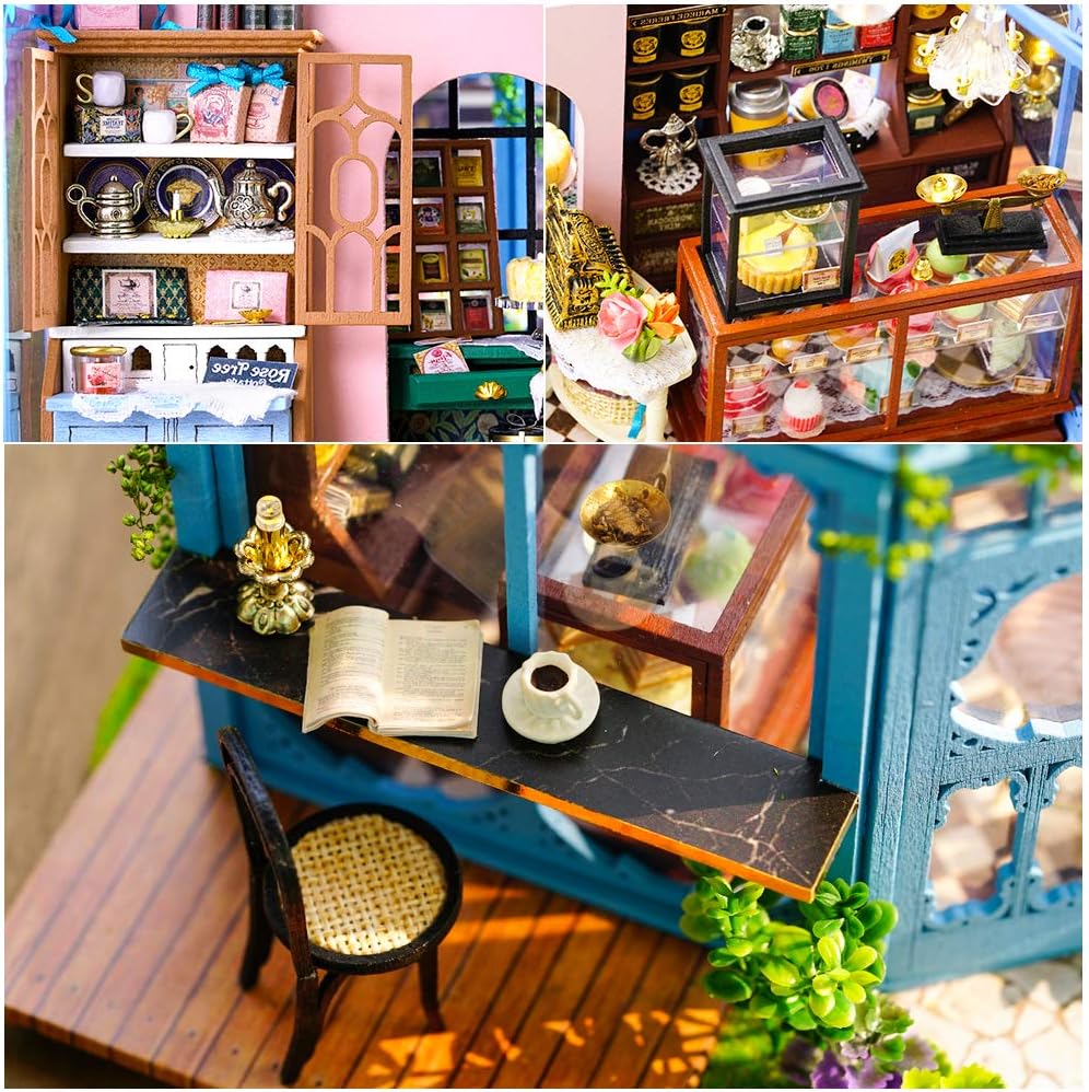 Dollhouse Miniature House with Furniture, DIY Dollhouse Kit with Dust Proof, Music Movement, 1:24 Scale Creative Room for Valentine's Day Gift for Family and Friends (Rose Garden Tea House)-uFunSpace