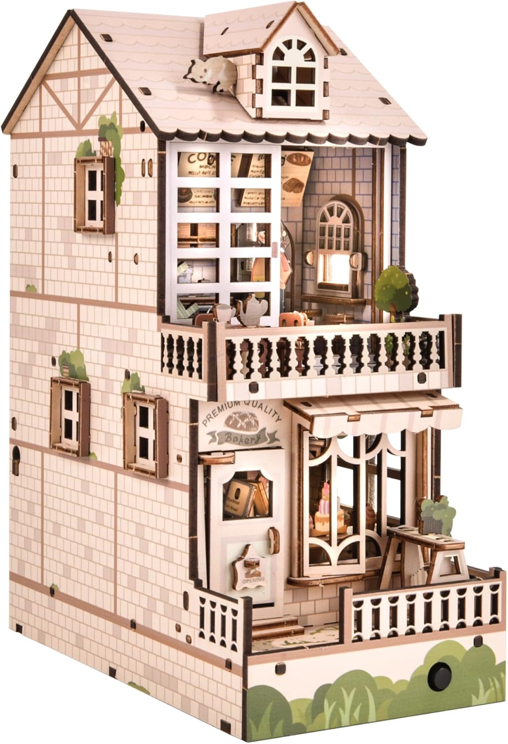 Rolife Coffee Shop DIY Book Nook kit box and finished model, showing 195 puzzle pieces and dimensions.-uFunSpace