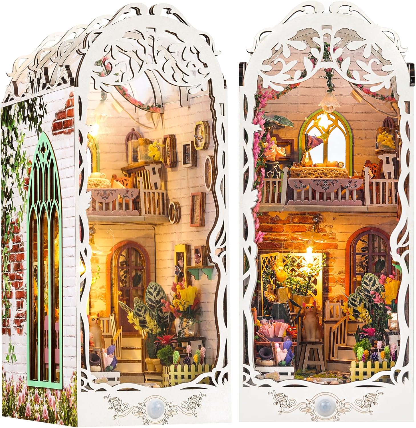 Front and back view of the assembled Garden House book nook showing the open back structure and lighting effects.-uFunSpace