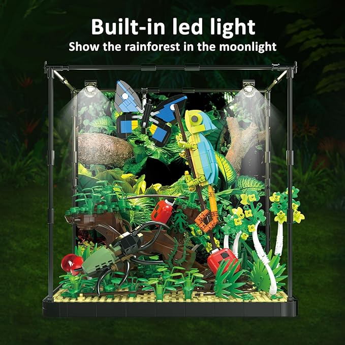 Tropical Rainforest Building Set with LED Light,Jungle Landscape Building Blocks with Chameleon Butterfly Beetle Ladybug Plant Animal,Desktop Decor Display Gift for Aldults and Teens(1358pcs)-uFunSpace