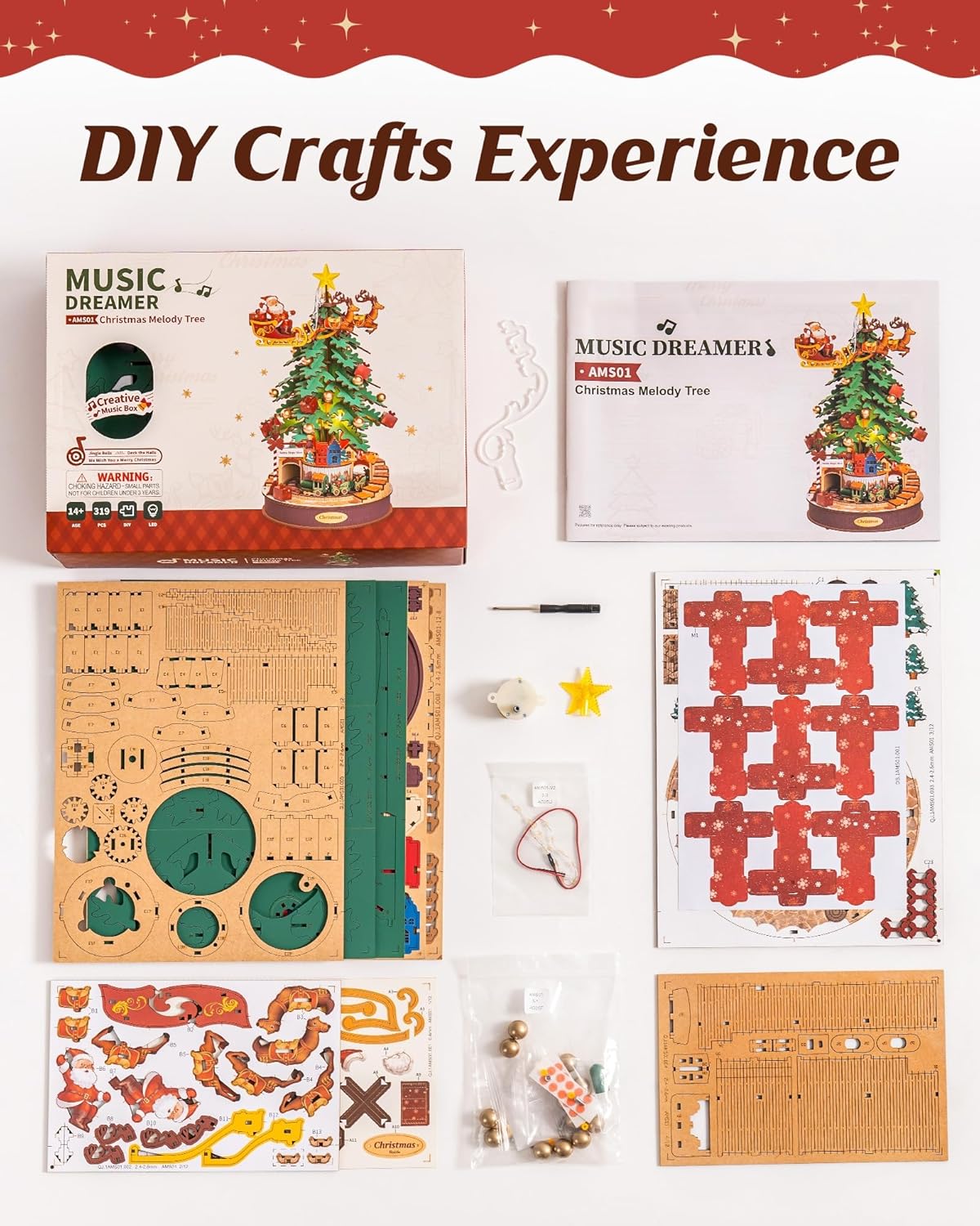 DIY wooden puzzle craft kit components flat lay, showing laser-cut wood sheets, music mechanism, and assembly tools-uFunSpace