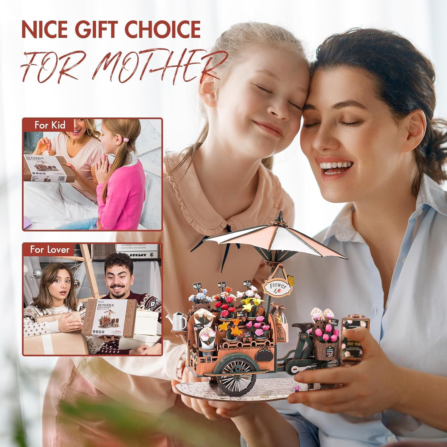 DIY 3D Wooden Puzzle for Adults, Flower Cart Brain Teaser Puzzle for Teens Girls Boys, Creative Craft Hobby Gifts Model Building Kits, Home Decor Assembly Toy-uFunSpace