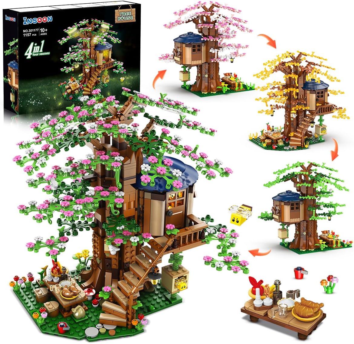 4 in 1 Tree House Building Blocks Set with LED Lights, 1157 Pieces Flower Tree House Building Blocks Toys, Forest Log House Construction Kit with Birds and Bees, Birthday Gift for Adults, Teens, Girls, Boys Ages 10+-uFunSpace