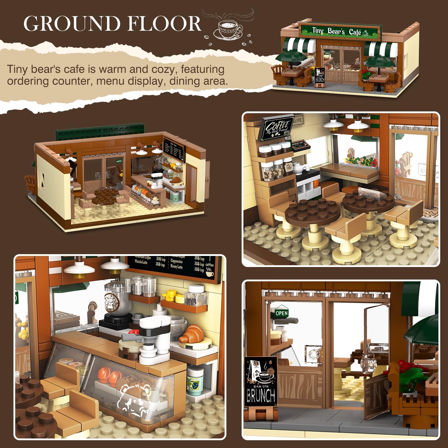 City Coffee House Building Set with Light, 1173 PCS Cafe Shop Building Block Toy with Ordering Counter Baking Room, Architecture Construction Model for Adults Teens Kids Boys Girls Ages 6-12+-uFunSpace