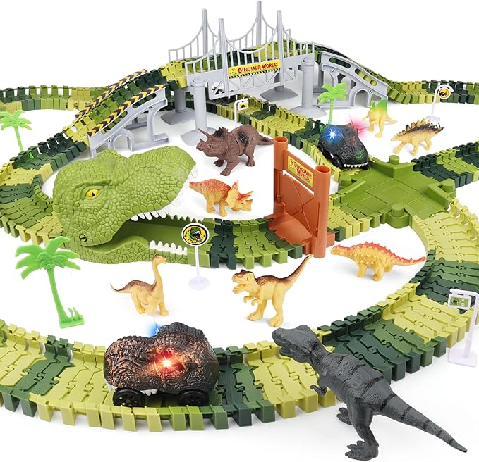 Dinosaur World Race Track Toys for Kids - Best Birthday Gifts for Age 3 4 5 6 7 Year Old Boys and Girls, PREPOP Deluxe Dino Sets, 220 pcs-uFunSpace