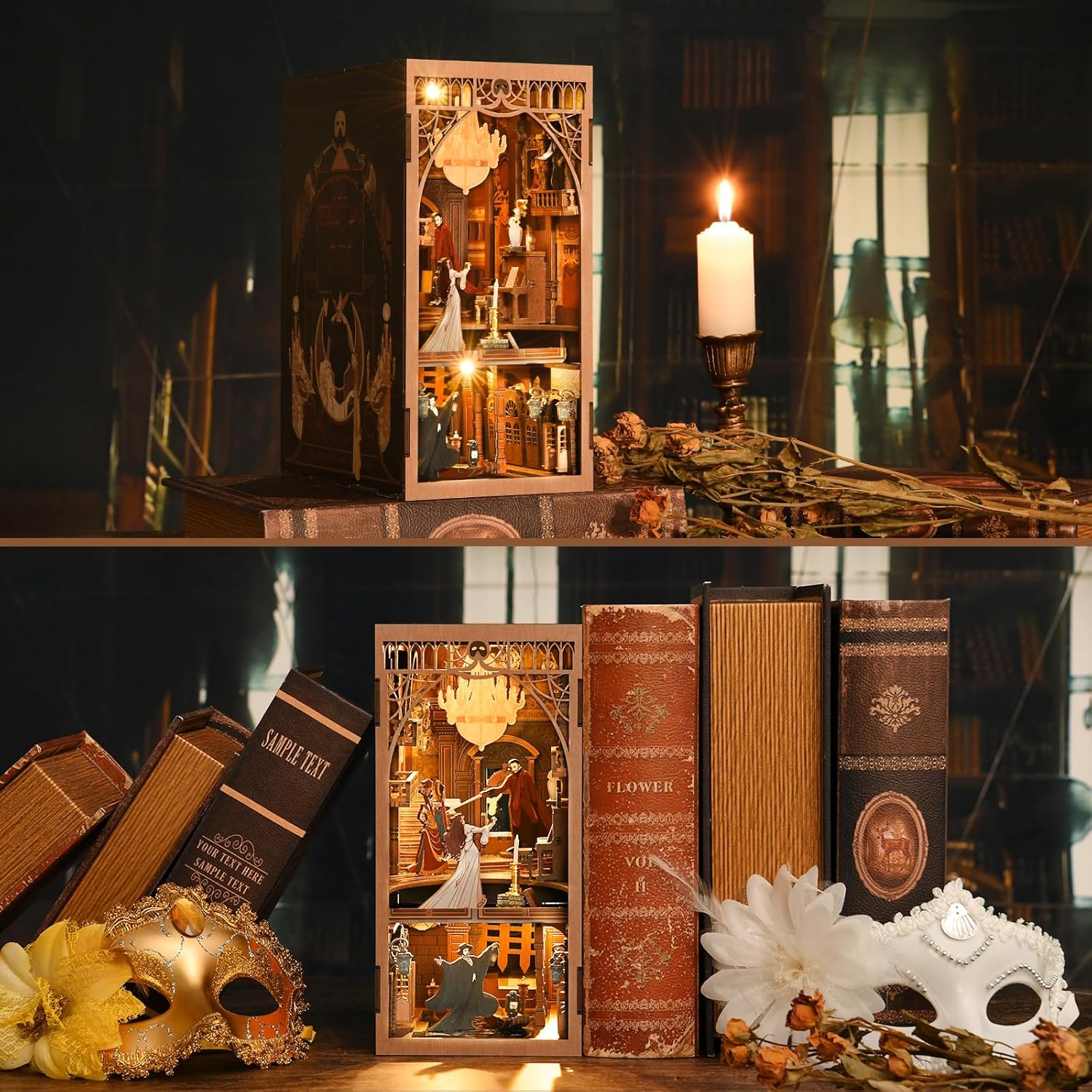 Illuminated Phantom of the Opera book nook in a dark room, creating a gothic and romantic atmosphere-uFunSpace