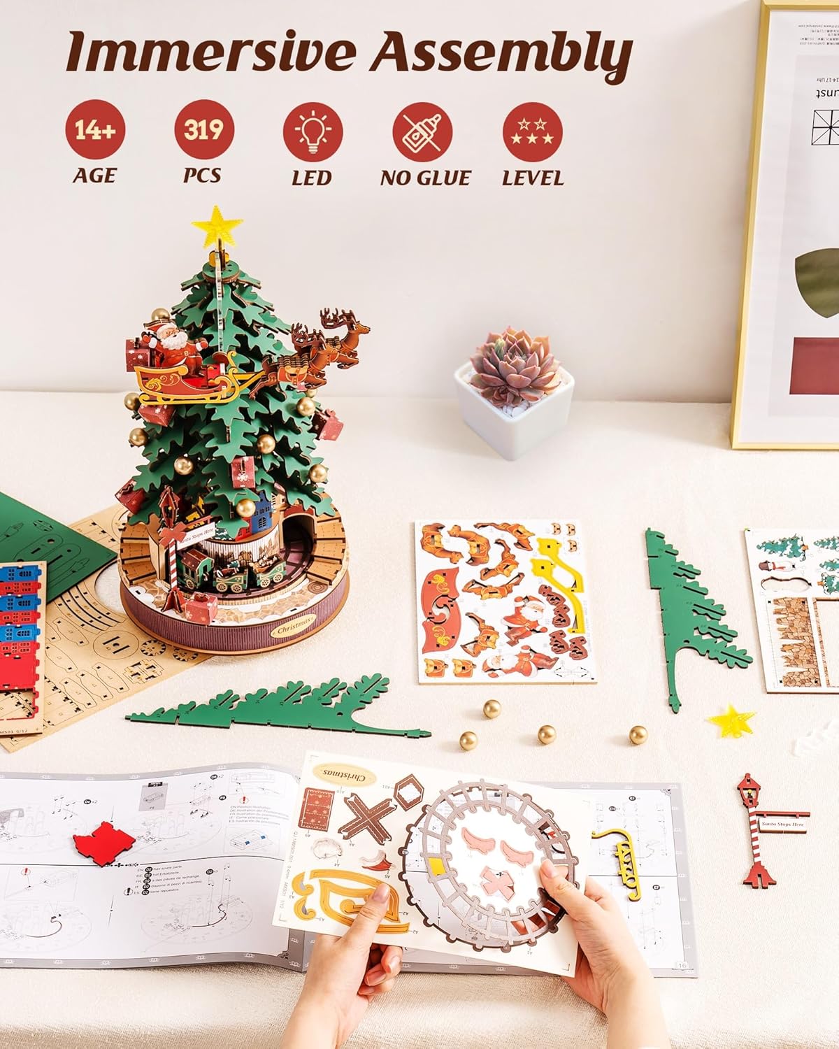 Immersive assembly process of the wooden Christmas tree puzzle, showing hands connecting parts with instructions visible-uFunSpace