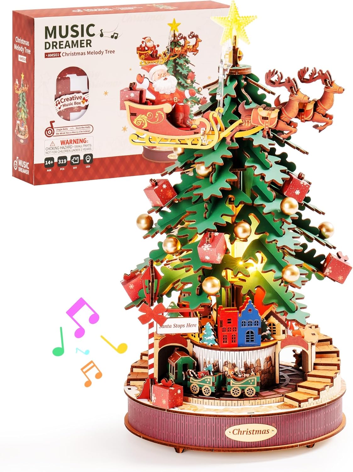 Wooden DIY Christmas tree music box kit with packaging, featuring a rotating train, Santa sleigh, and festive decorations.-uFunSpace