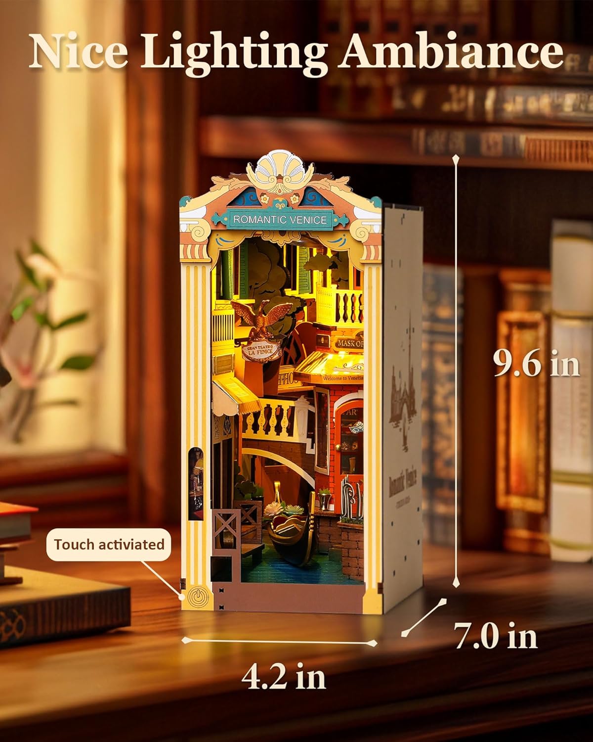 Dimensions of the Venice Book Nook (9.6x7 inches) showing warm LED lighting ambiance and touch-activated switch.-uFunSpace