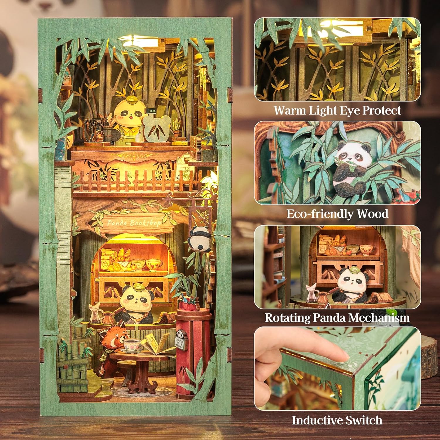 Key features of Panda Book Nook including rotating panda mechanism, touch sensor LED lights, and eco-friendly wood-uFunSpace