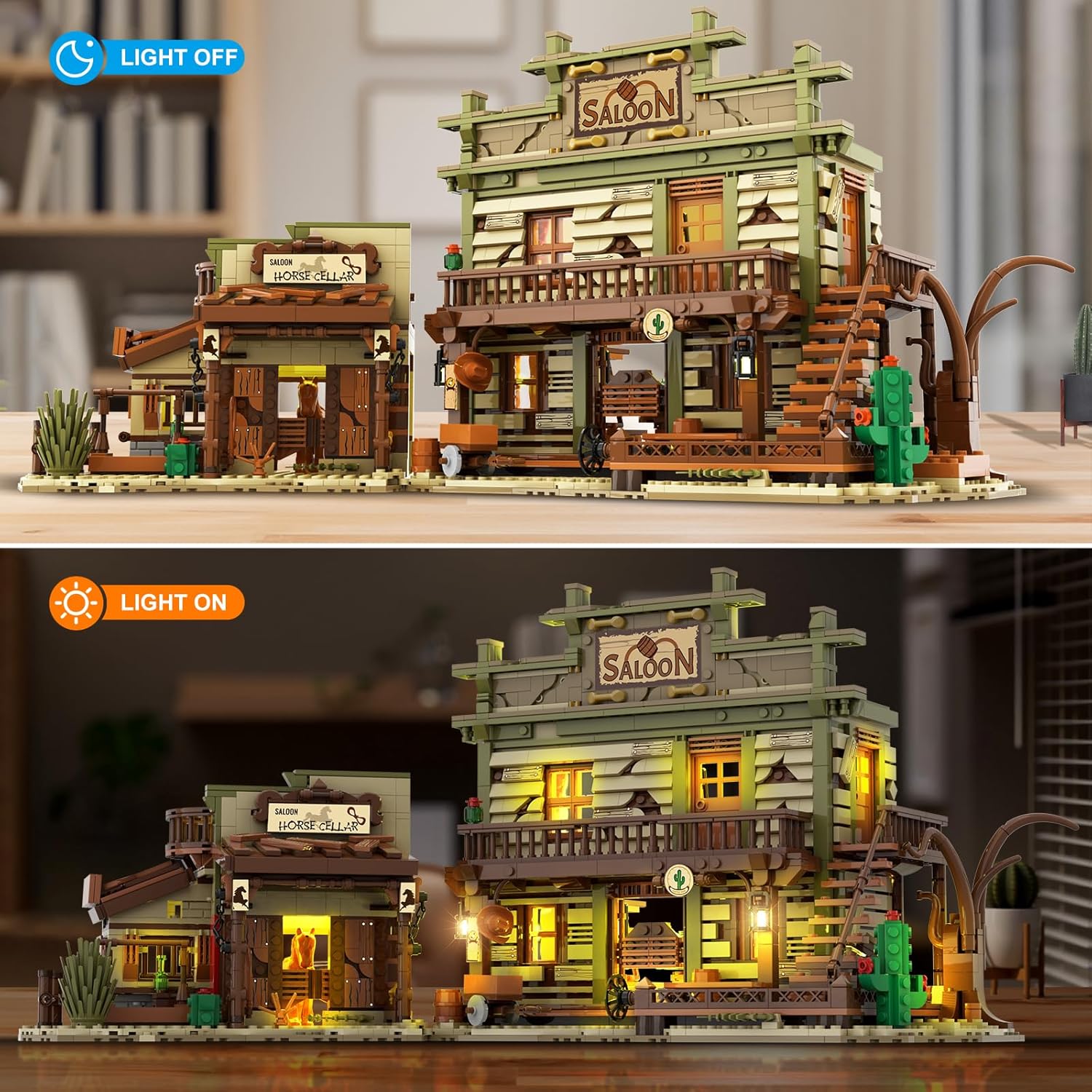 Western Saloon Building Set with LED Light, Wild West Mini Building Block for Adults, 2056 PCS Construction Model with Horse Stable Cowboy Hat, Building Toy for Teens Kids 10+-uFunSpace