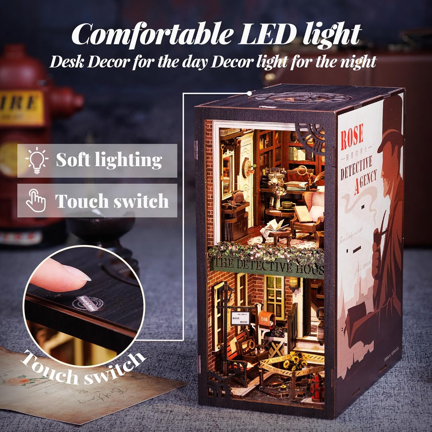 DIY Book Nook Kit DIY Wooden Miniature House Dollhouse Kit Bookshelf Insert Decor Booknook Bookcase Model Build Creativity Gift Kit Decor Alley with LED Light (Rose Detective Agency)-uFunSpace