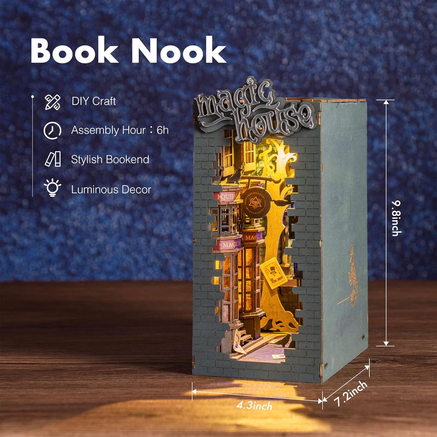 Lighted bookshelf insert Magic House glowing in the dark, highlighting the owl and magic shop details.-uFunSpace