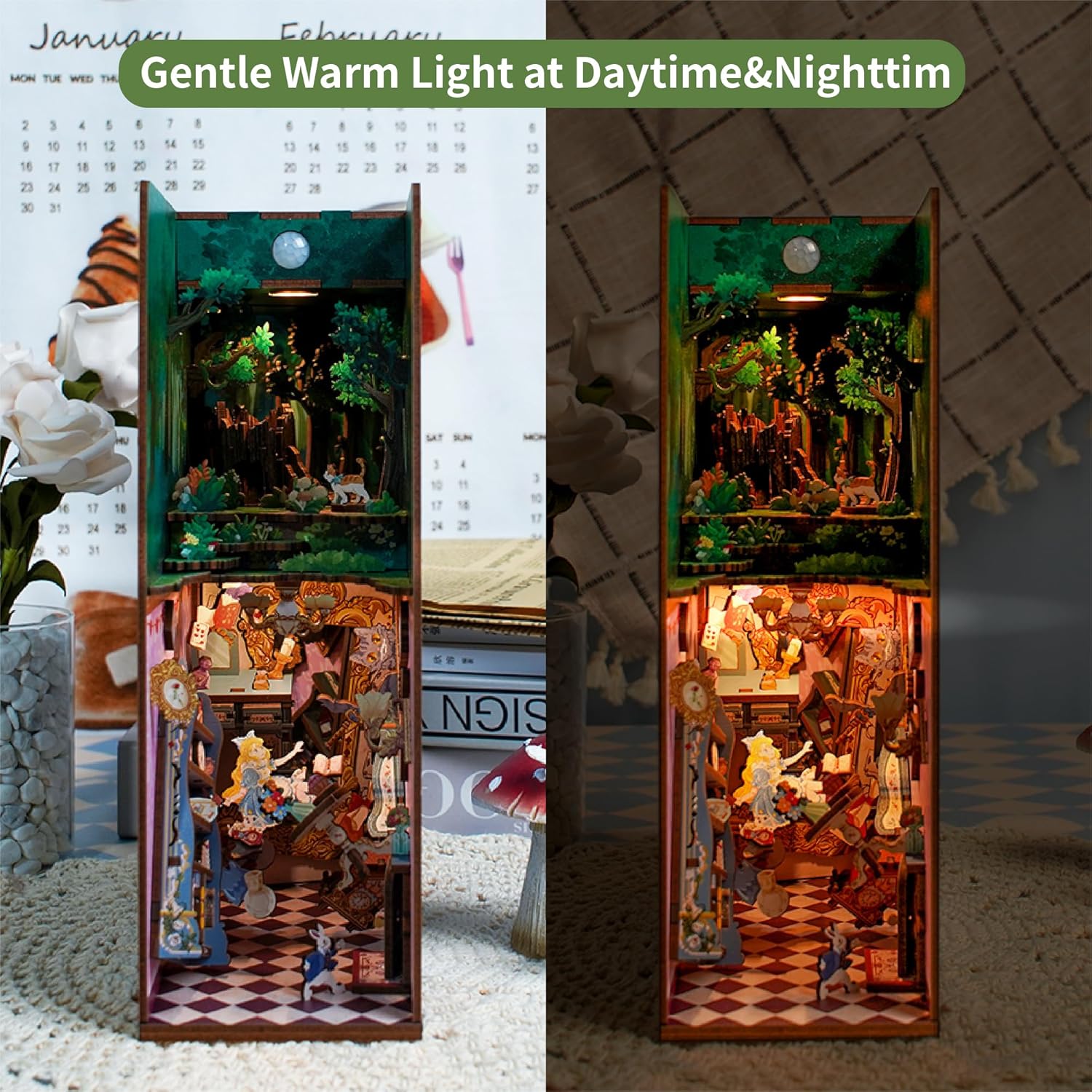 Comparison of the Alice Book Nook appearance in daytime versus nighttime with warm LED lights activated.