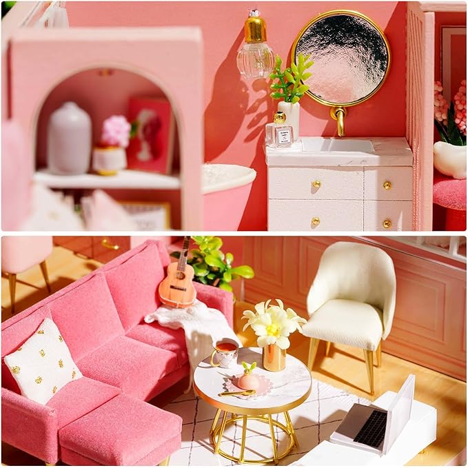 DIY Miniature Dollhouse Kit, 1:24 Scale Mini Handmade Wooden Doll House with Music, Great Handmade Crafts Gift for Birthday Mother's Day Kids Teens Adults Assemble the Villa Model Gift-uFunSpace