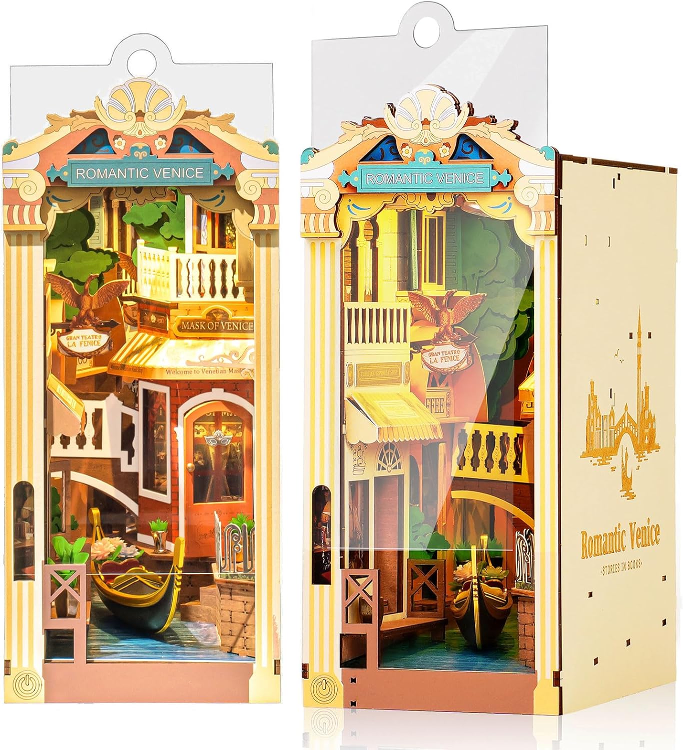 Romantic Venice DIY Book Nook Kit finished model on wooden shelf, featuring a gondola, canal, and vintage Italian-uFunSpace