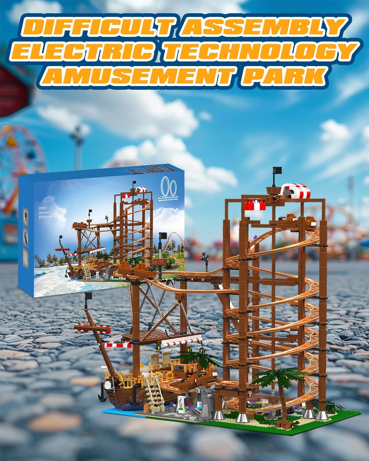 Roller Coaster Building Blocks Set - Electrical Funfair Pirate Ship Track Amusement Park Construction Blocks Toys Model with Motors - Birthday Gift Idea for Boys and Adults-uFunSpace