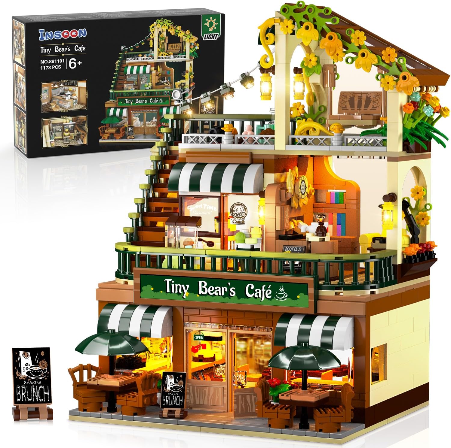 City Coffee House Building Set with Light, 1173 PCS Cafe Shop Building Block Toy with Ordering Counter Baking Room, Architecture Construction Model for Adults Teens Kids Boys Girls Ages 6-12+-uFunSpace