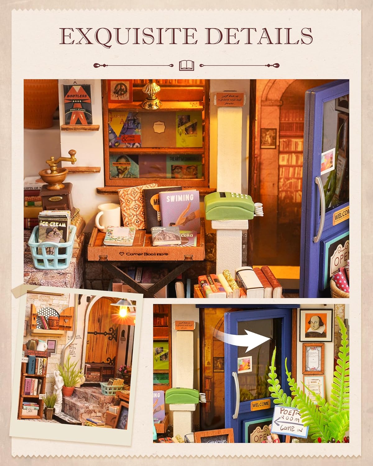 DIY Miniature House Kit 1:20 Scale Bookstore, Build Mini House Building Kit with LED Lights Craft Kits for Aduls Gifts for Him Her-uFunSpace