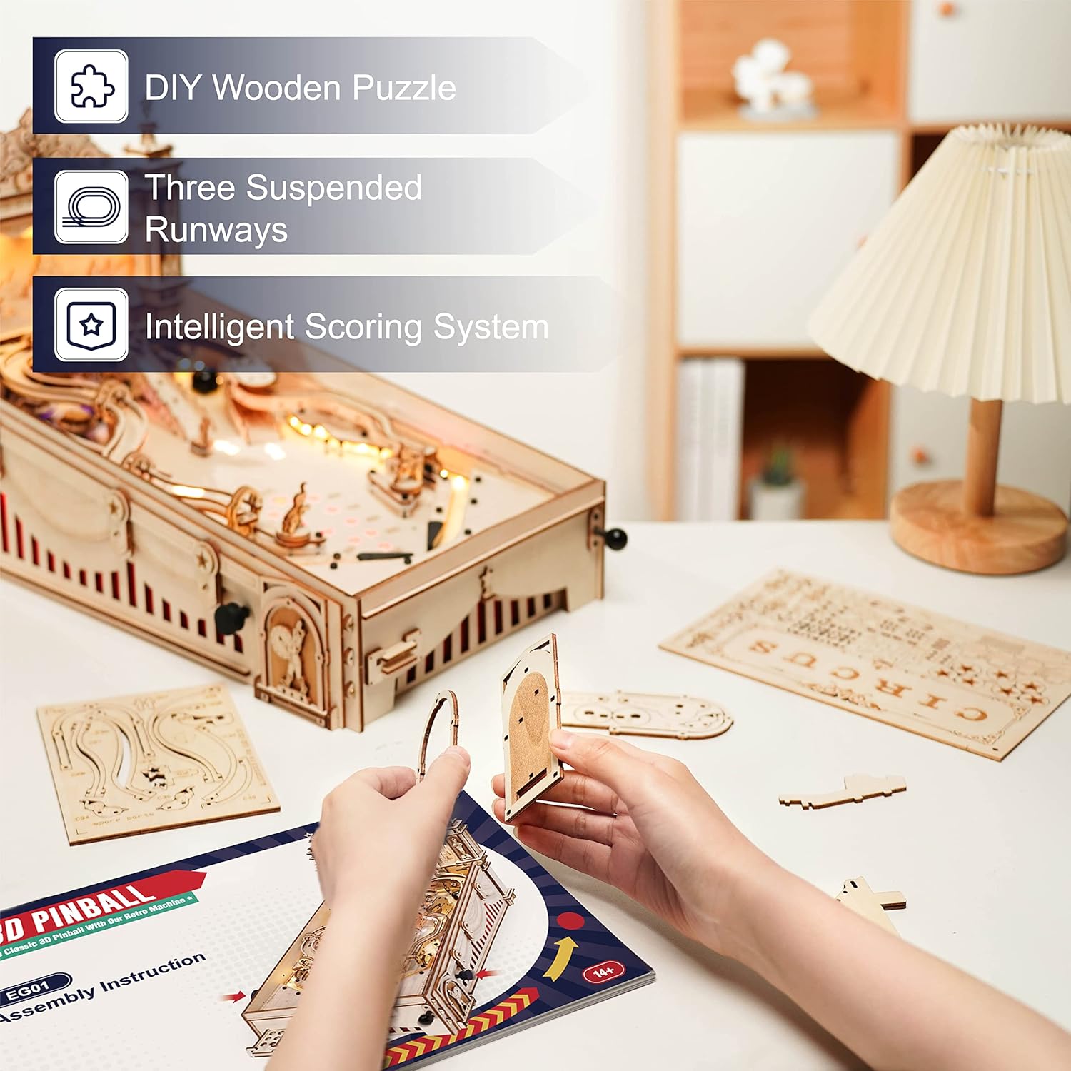 Wooden Puzzles 3D Pinball Machine Mechanical Model Wooden 3D Puzzles for Adults DIY Pinball Game Wooden Puzzle-Model Building Kits Christmas Birthday Gifts for Adult and 14+ Teens-uFunSpace