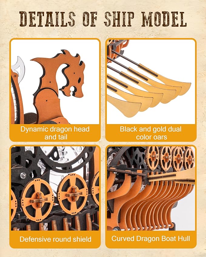 LK802 Viking Dragon Ship Mechanical Wooden Puzzles, 229 Pieces 3D Puzzles for Adults, Crafts for Adults Hobby Building Kit-uFunSpace