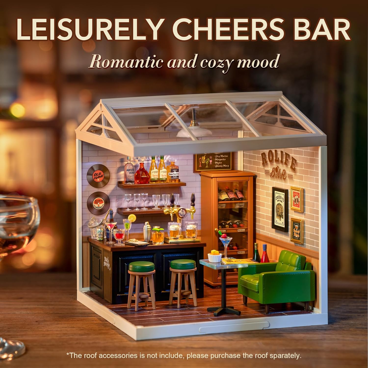 DIY Miniature Plastic House Building Set Toys Playset with LED Suitable for Mini Figures Construction Toys Diorama Kit Gifts for Teens Adults (Leisurely Cheers Bar)-uFunSpace