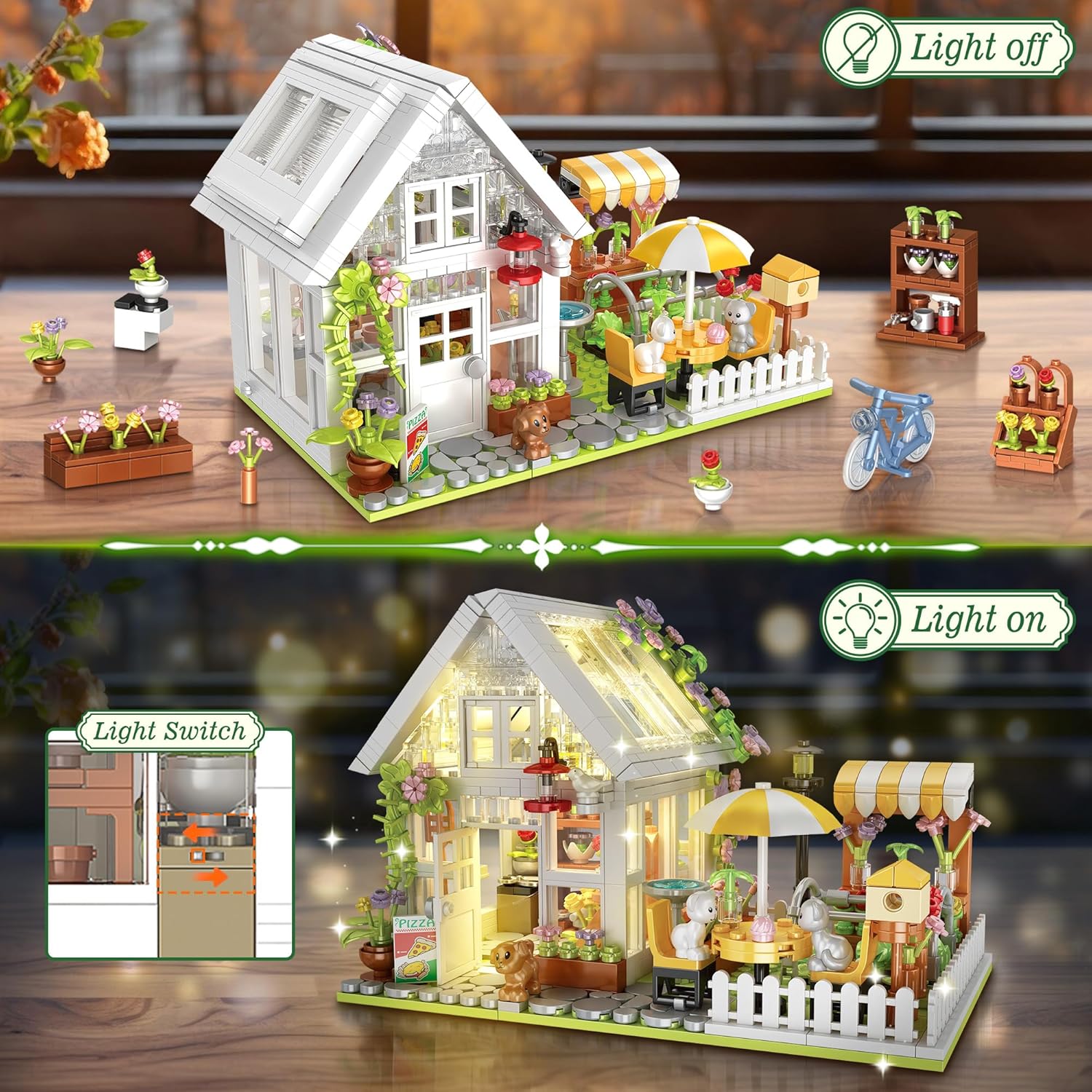 Flower House Building Block for Adults, Garden Architecture Building Toy with LED, Greenhouse Model Building Set, Garden Glass House Building Kit, Christmas & Ideal Gift for Kids 12+ (1188pcs)-uFunSpace