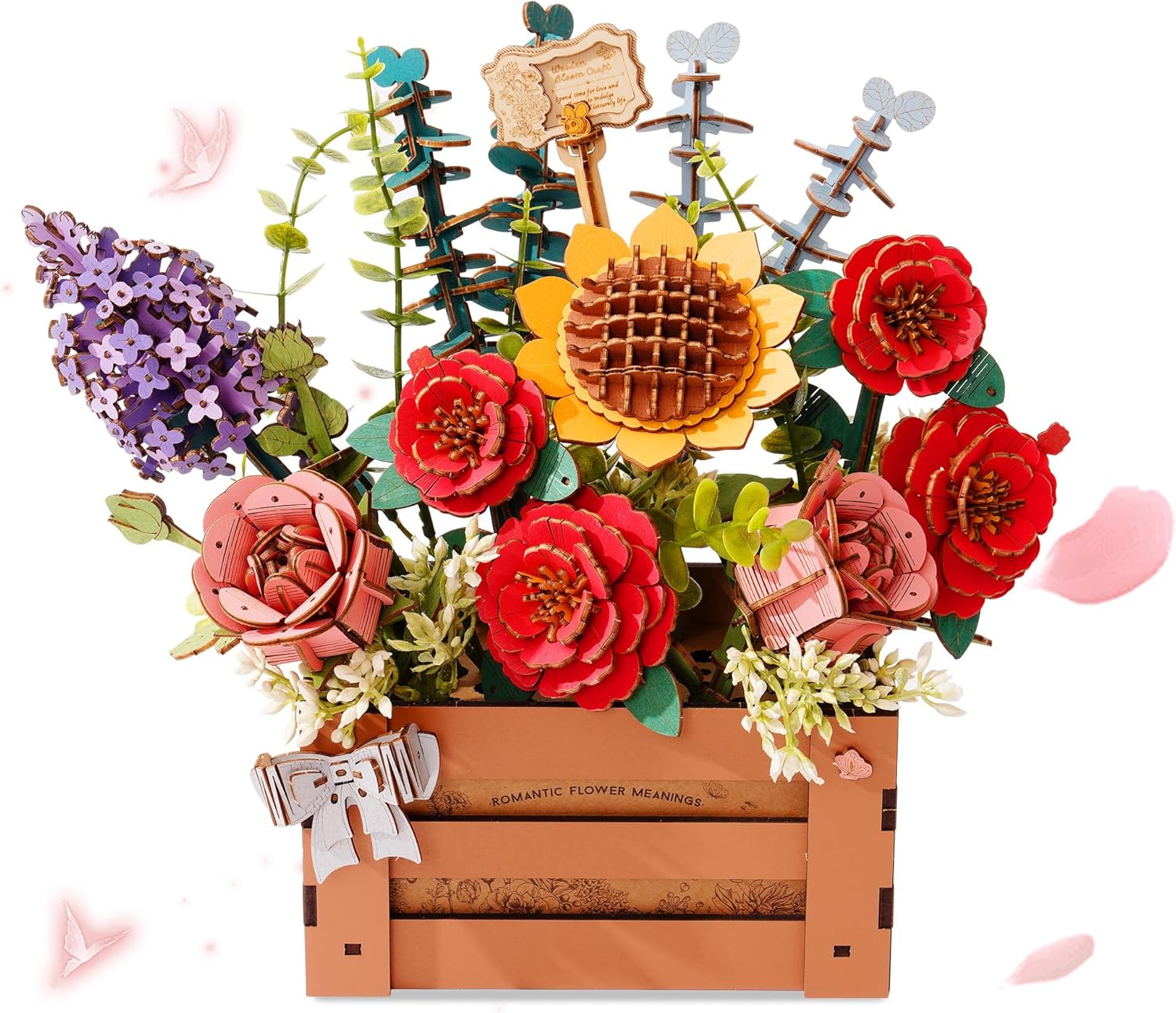 Artifical Flowers,Wooden Flower Bloom Box Building Toy Set,DIY 3D Wooden Puzzles for Adults,Botanical Collection Craft Kit as Thanksgiving Decoration Christmas Birthday Valentine Gift-uFunSpace