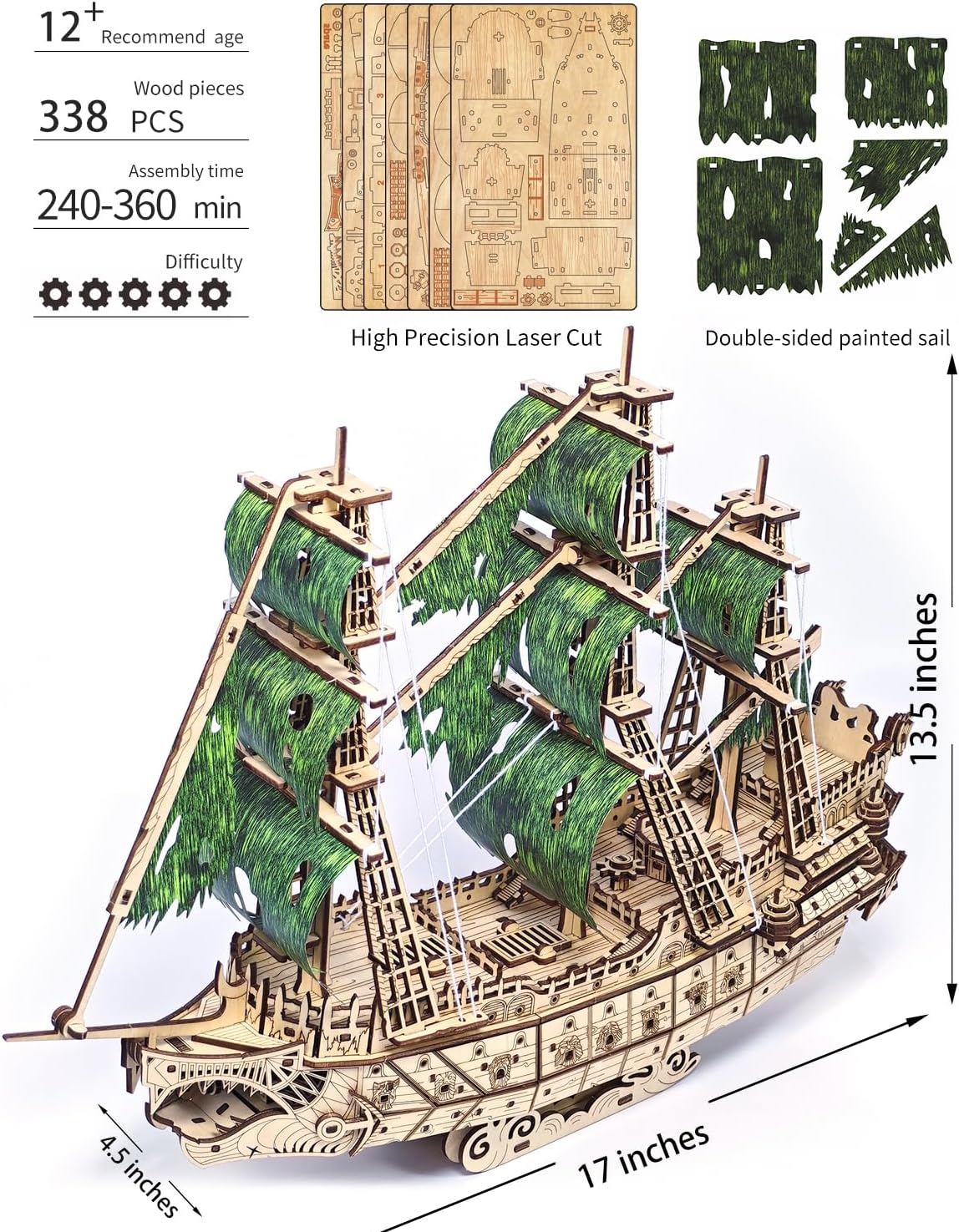 Challenging Flying Dutchman 3D Wooden Puzzles for Adults Pirate Ship Model Kit to Build - Ideal Christmas or Birthday Gift for Puzzle Enthusiasts-uFunSpace