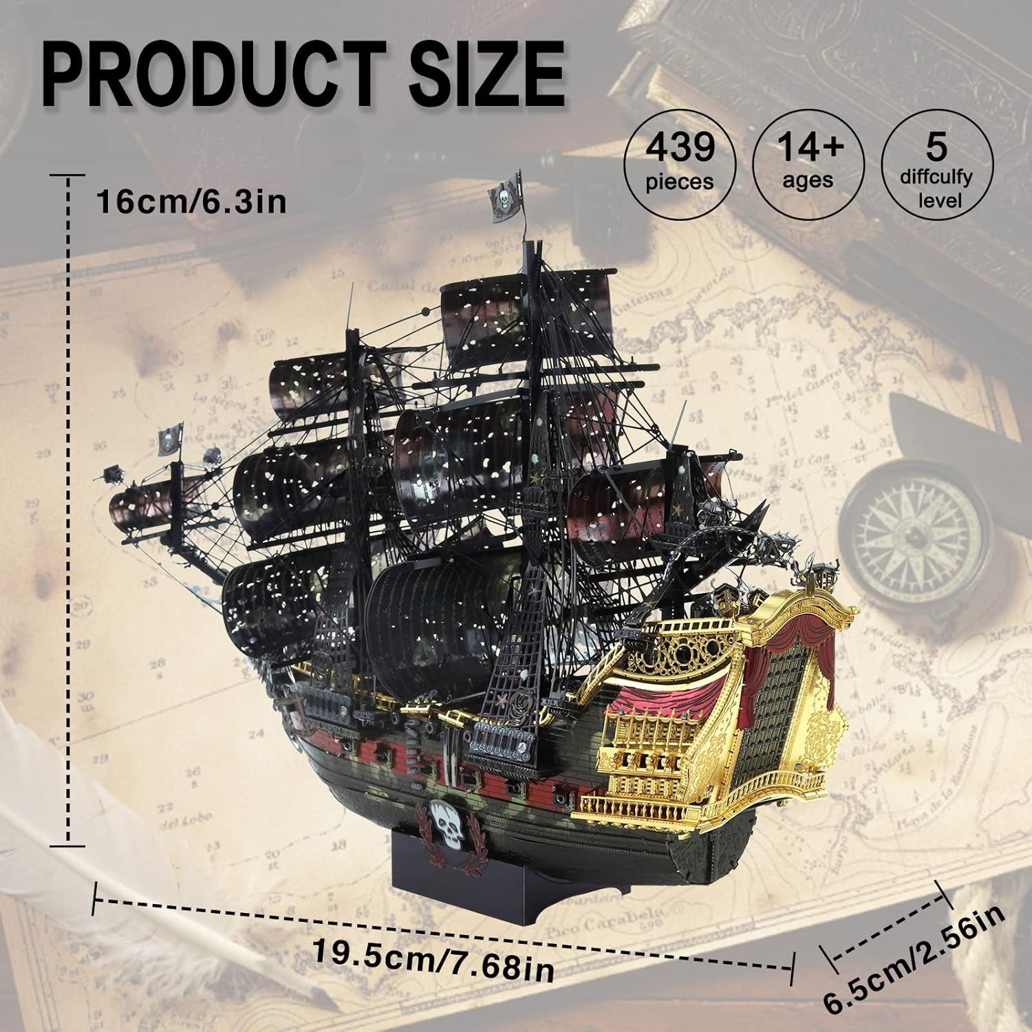 3D Metal Puzzles for Adults, The Queen Anne's Revenge Pirate Ship Model Kits, 3D Watercraft Model Building Kit, DIY Craft Kits Difficult 3D Puzzles for Family Time-uFunSpace