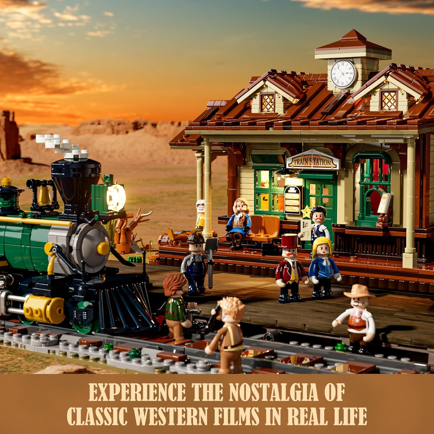 Wild West Train Station Lighting Building-Bricks Set - 1975Pcs Collectible Train Playset for Adults and Teens-uFunSpace
