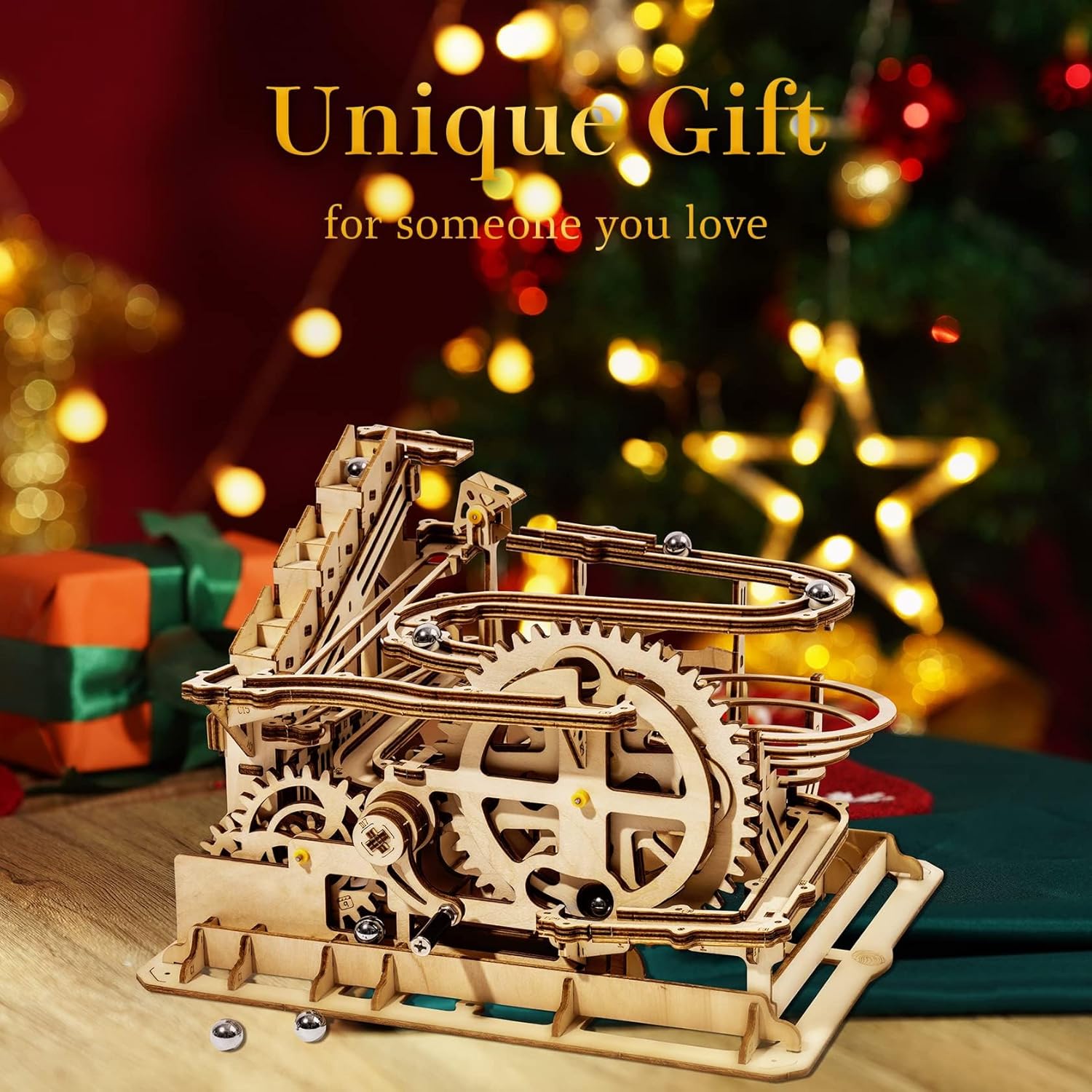 3D wooden puzzle mechanism close-up showing gear trains and marble track details.-uFunSpace