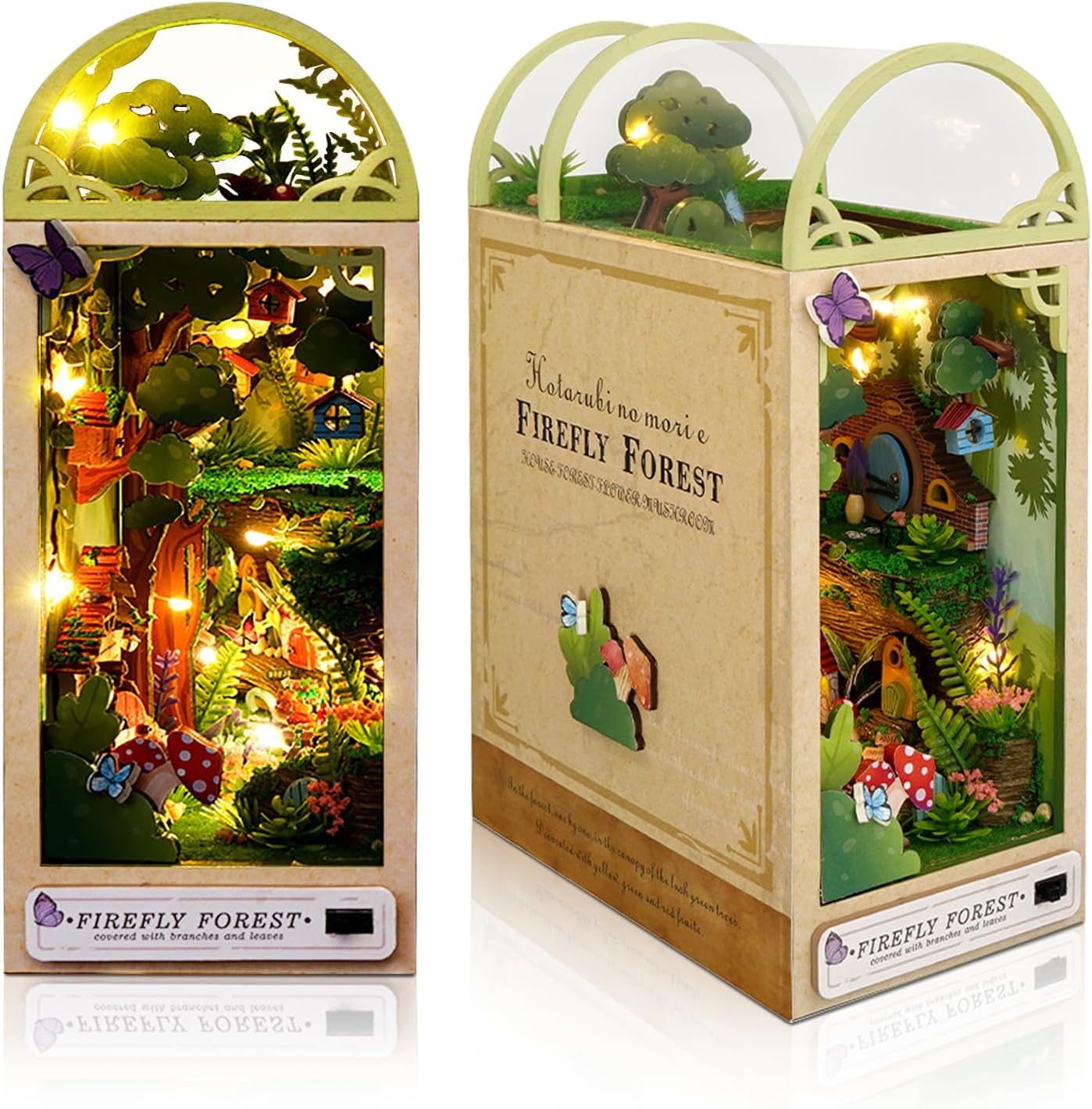 Side and front view of the assembled Firefly Forest book nook, showing the vintage paper cover design.