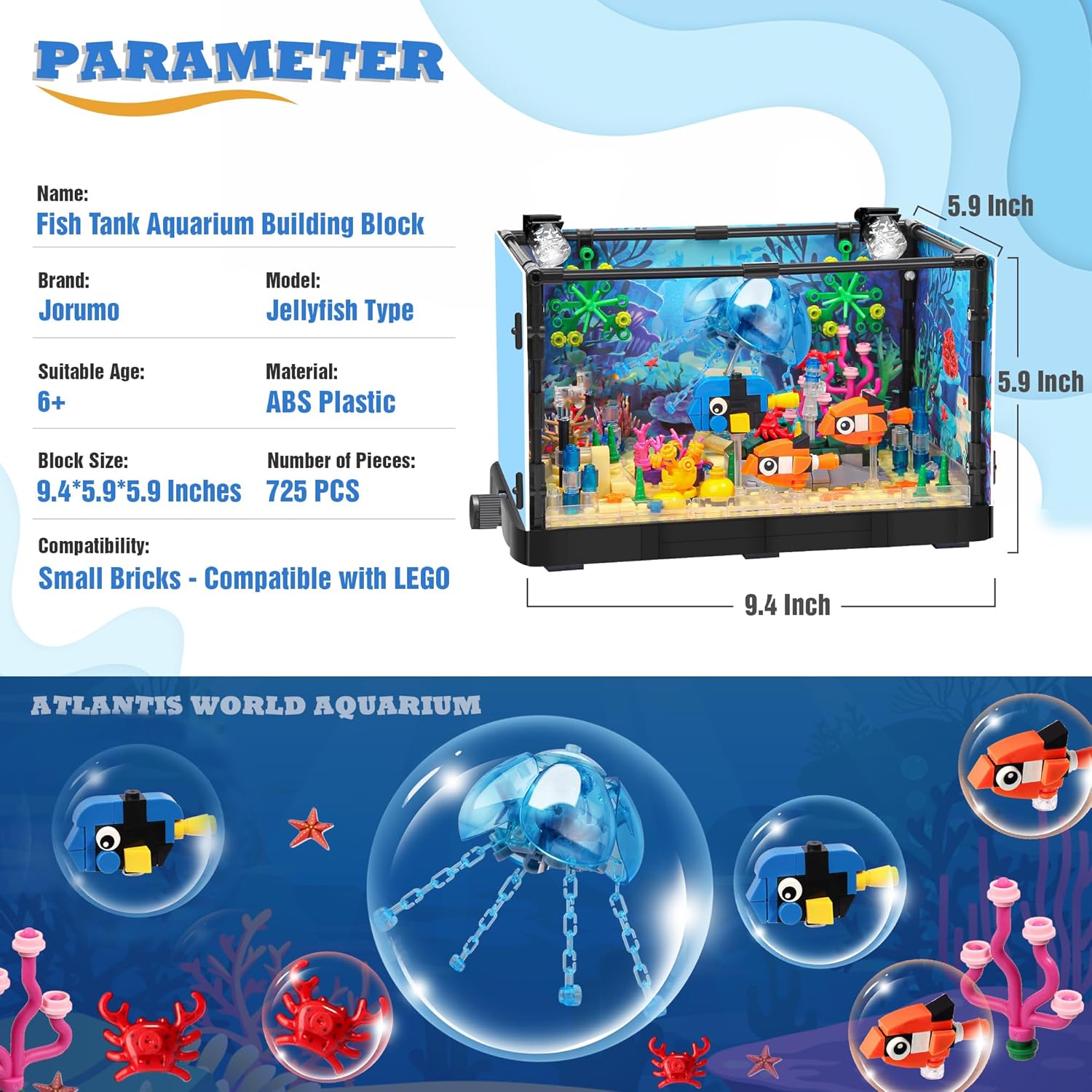 Fish Tank Building Block, Lighting Aquarium Building Sets for Adults and Kids Including Ocean Jellyfish, Dolphin, Turtle, Crab, Animal Building Toys for Boys Age 8-12, 725pcs-uFunSpace