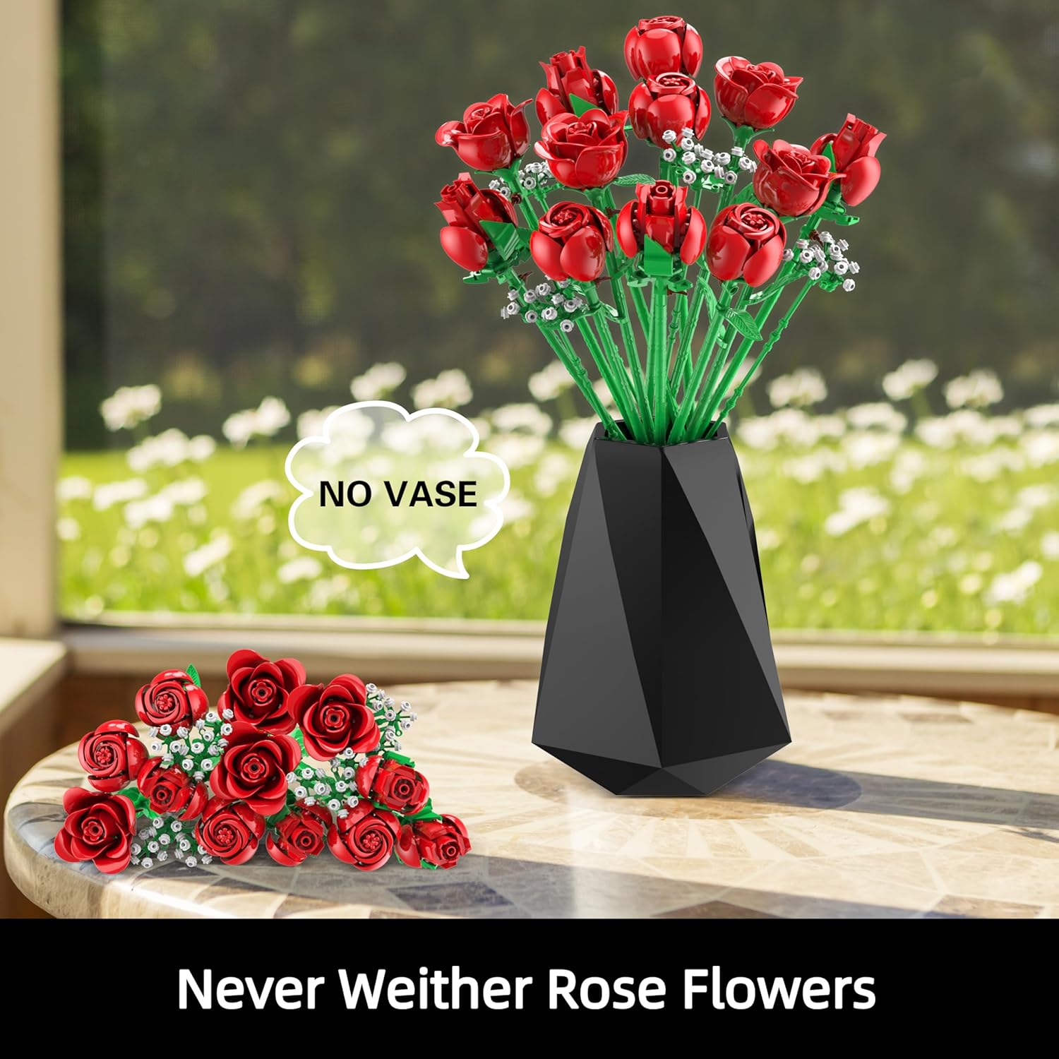 Rose Flowers Bouquet Building Set, 960PCS Roses Artificial Flowers Botanical Collection for Dinner Table Home Decor, Christmas Valentines Day Gifts Thanksgivings Gifts Flower Decorations-uFunSpace