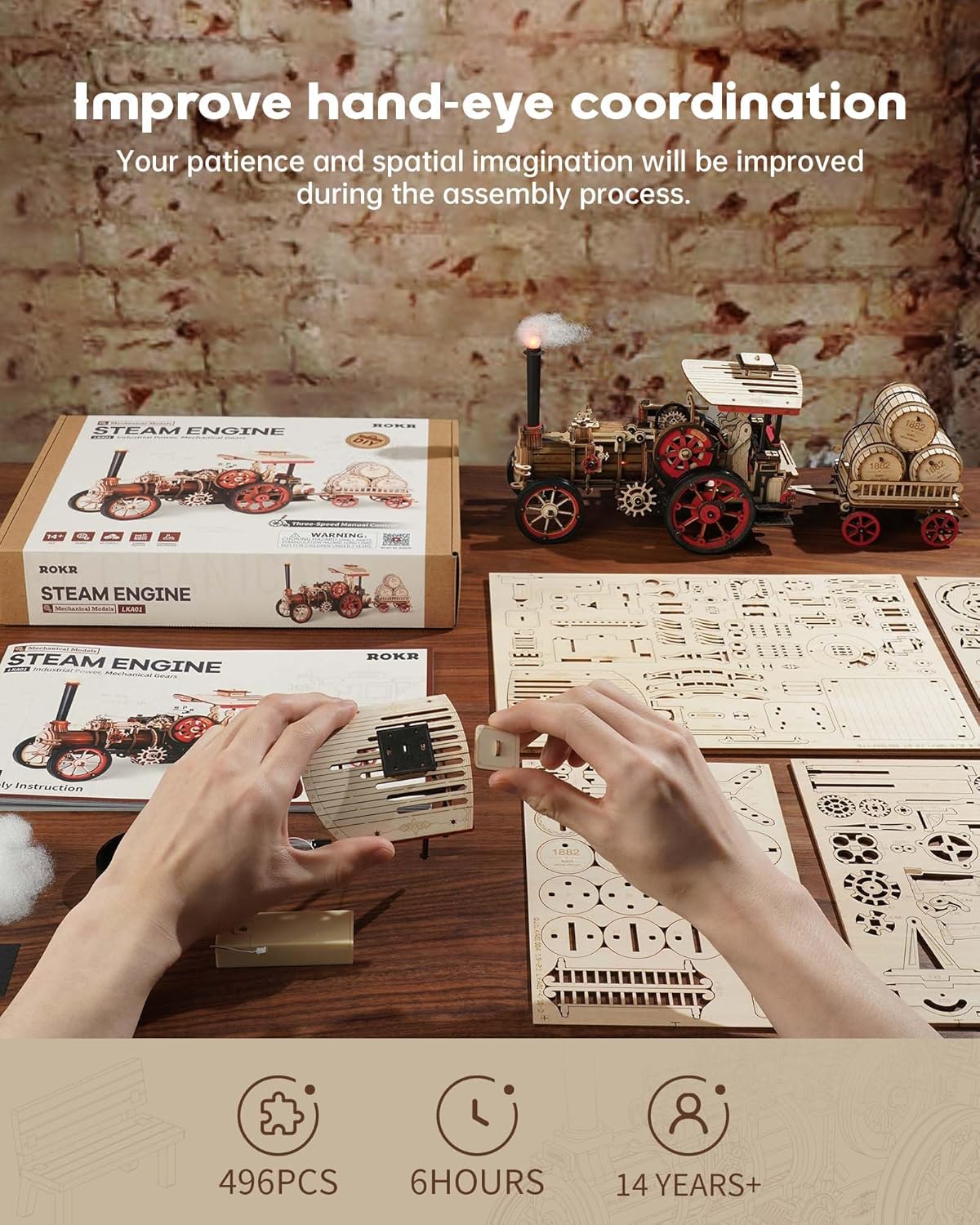 3D Puzzle for Adults 469pcs Electric Vintage Car Steam Engine Model Kits, Mechanical Wooden Assembly Puzzles Vehicle DIY Hobbies for Men Women-uFunSpace