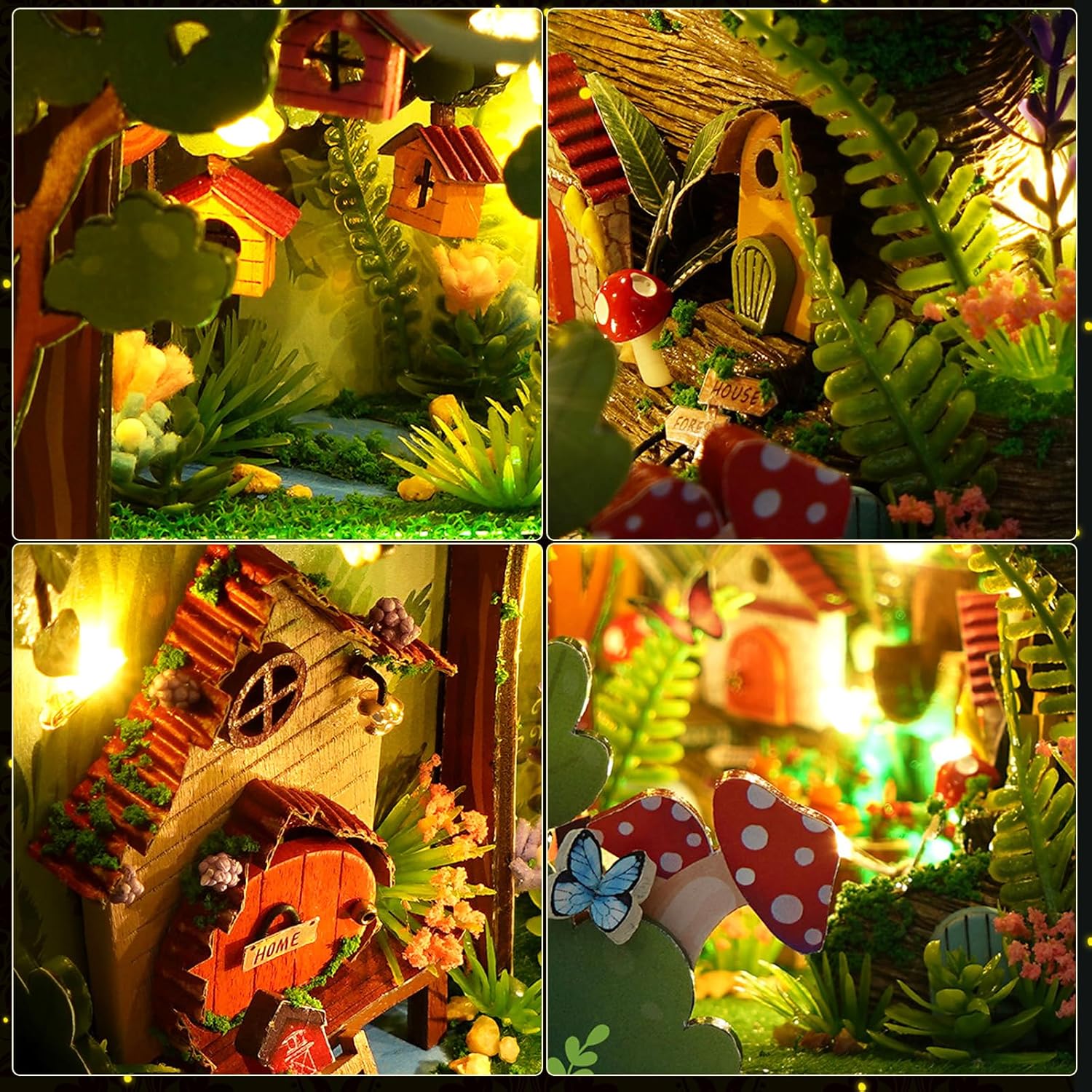 Macro shot of the tiny mushrooms, butterflies, and forest floor vegetation in the DIY book nook.uFunSpace.