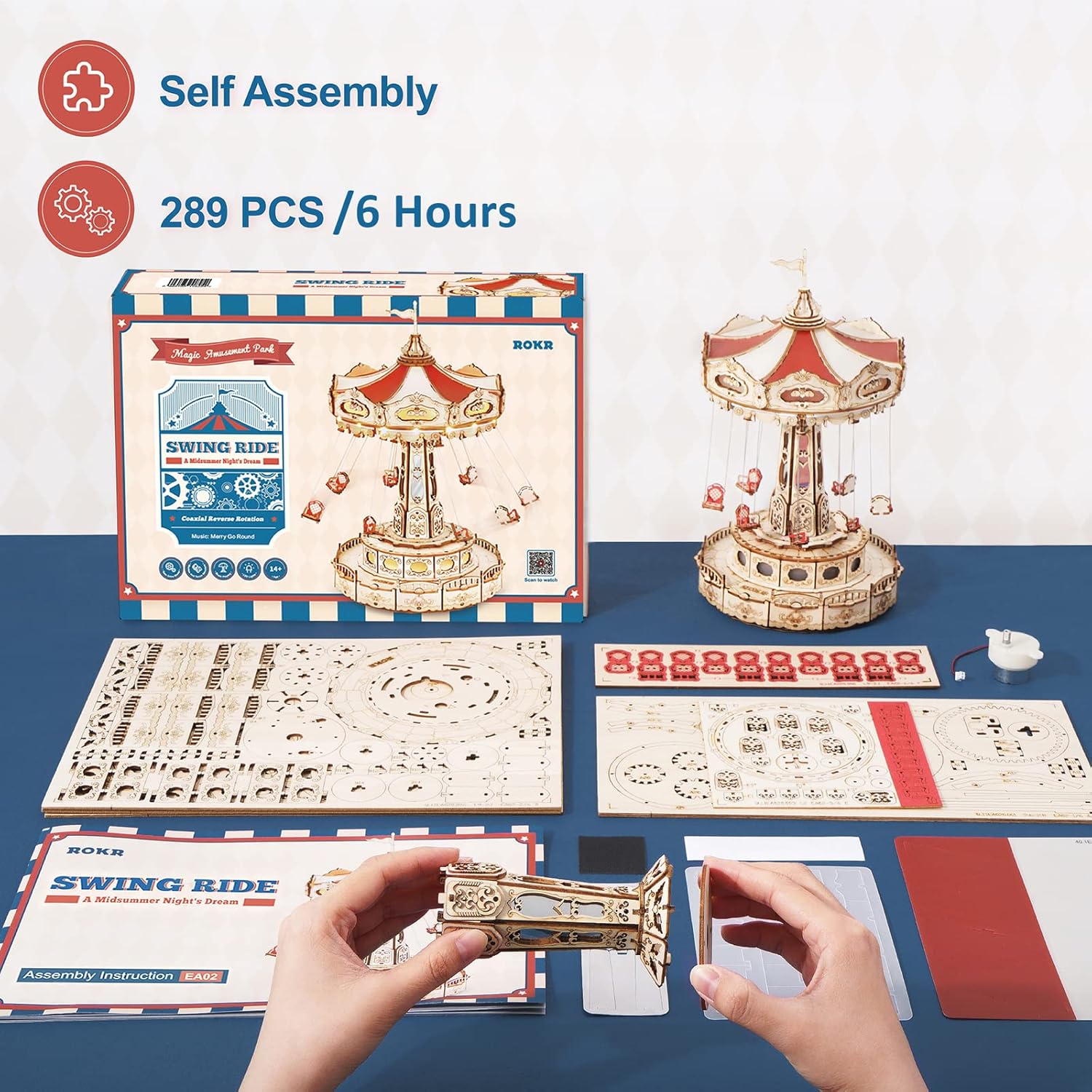 3D Puzzles Wooden Music Box Kit with LED, Rotating Swing Ride Mechanical Model Kit DIY Wood Craft Hobbies Kit for Adults Birthday for Boys/Girls-uFunSpace