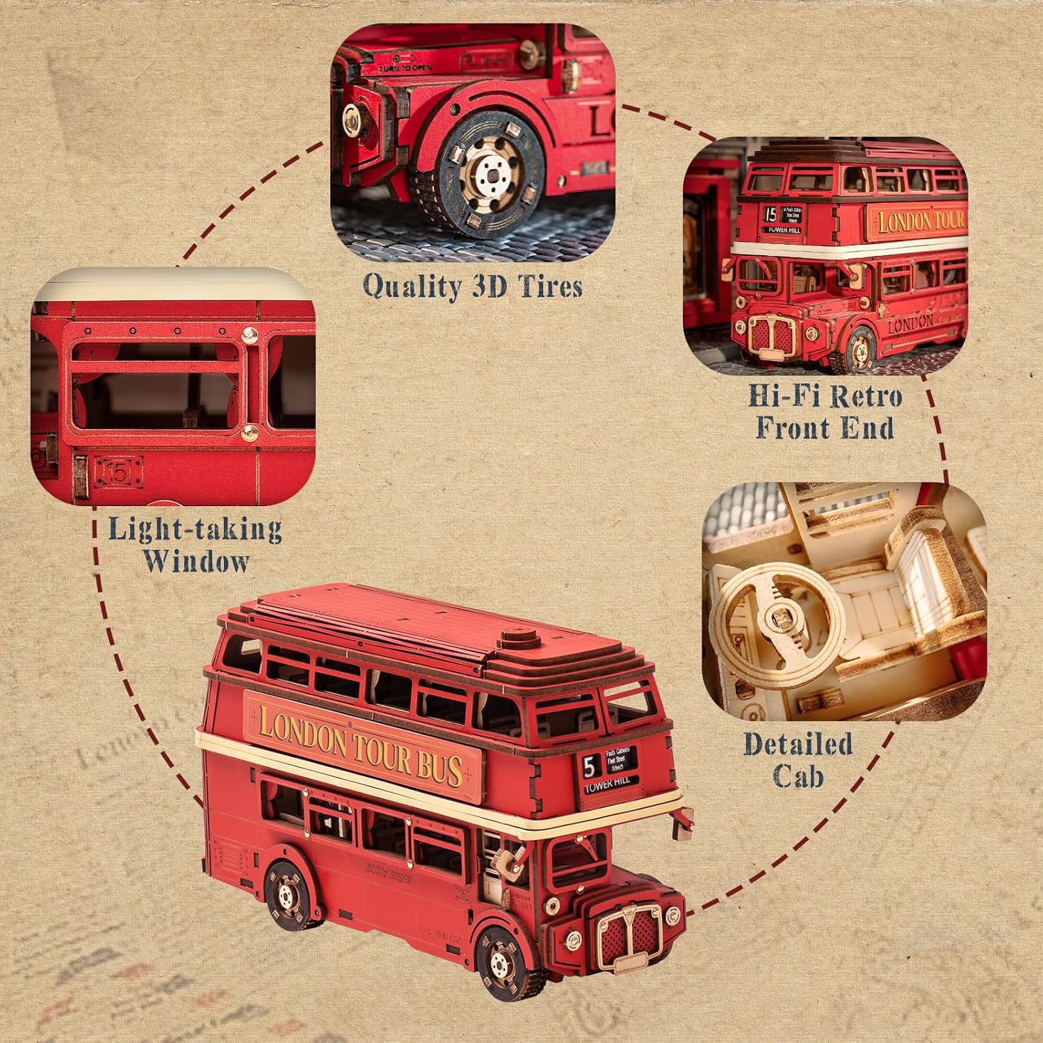 3D Puzzles for Adults Wooden Craft London Tour Bus DIY Model Kit to Build Educational Brain Teaser Toy for Kids Craft Decor Gift-uFunSpace